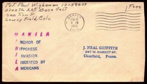 10 Feb 1945 WWII Patriotic Cover Manilla Anchor Griffith Sherman 5078