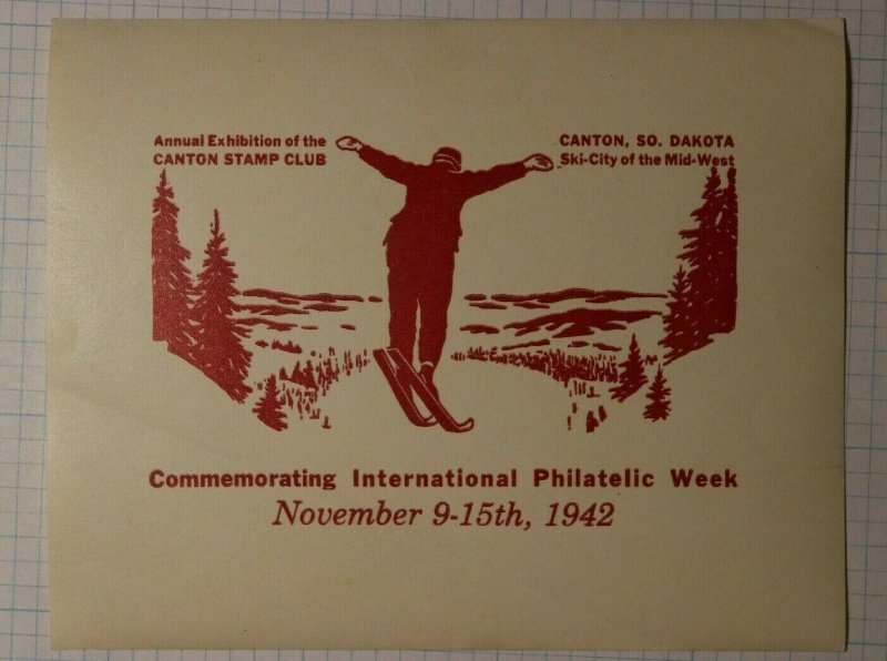 Canton Stamp Club Exhibition S. Dakota 1942 Snow Ski Philatelic Souvenir Label