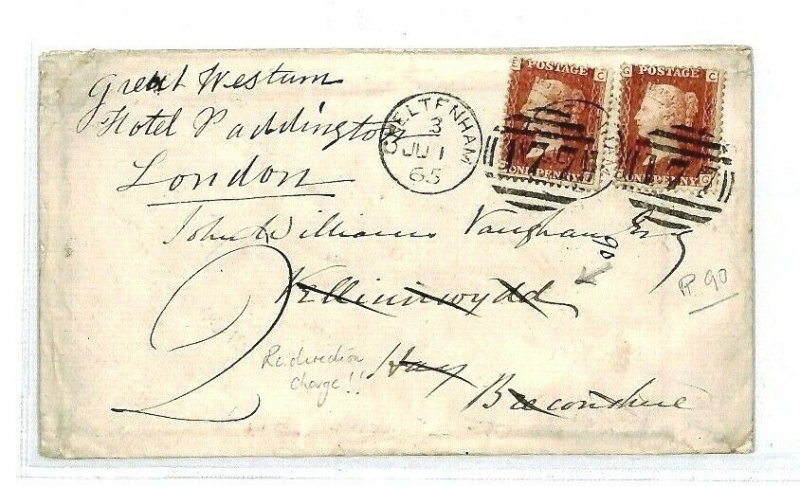 GB WALES Cover Cheltenham 1865 FORWARDED *Velinnewdd* Brecons 1d Plate 90 CS333