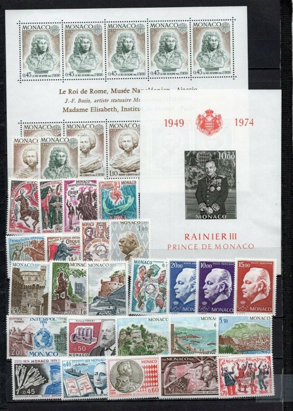 MONACO 1974 SET OF 27 STAMPS, SHEET OF 10 STAMPS & S/S MNH