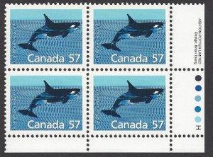 Canada #1173i  MNH plate block, Killer whale, issued 1988 on Harrison paper