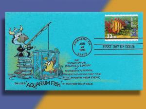 Puffin Goes Fishing the Easy Way on Handcolored Aquarium Fish FDC