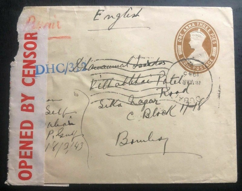 1943 India Post Office Dubai United Arab Emirates Censored Cover To Bombay