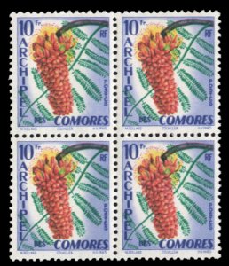 Comoro Islands #45 Cat$21, 1959 Flower, block of four, never hinged