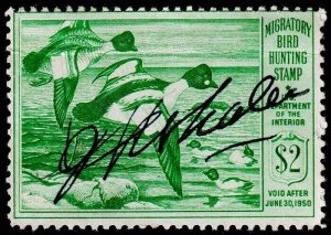 United States Hunting Permit Stamp Scott RW16 (1949) Used/Signed G-F, CV$15.00 C