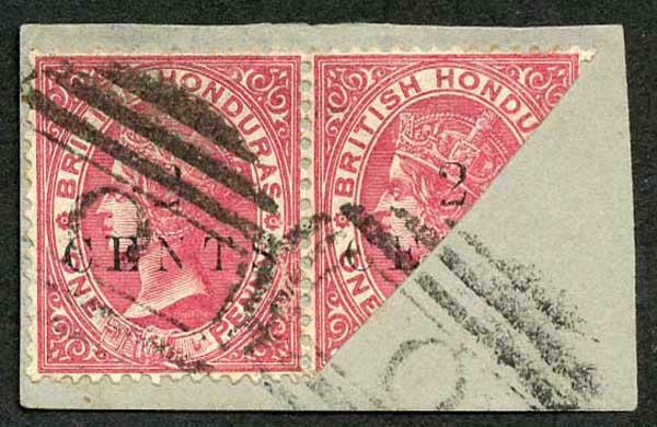 British Honduras SG27c 2dc on 1c rose Bisected on piece