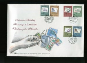 13 UN United Nations 1997 TRIBUTE TO PHILATELY COVER SET FDC NY GENEVA VIENNA