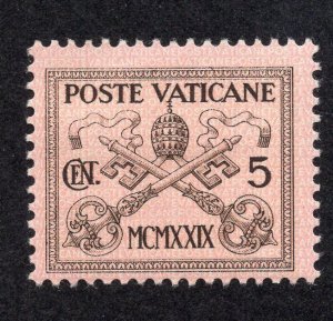 Vatican City 1929 5c dark brown & pink Arms, Scott 1 MH, value = 25c