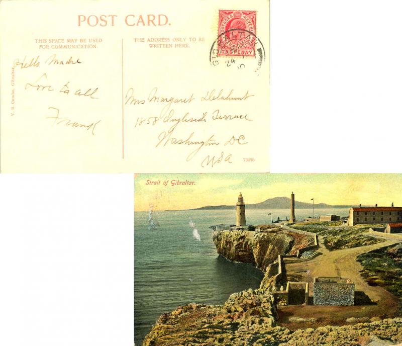 Gibraltar 1d KEVII 1910 Gibraltar, 25 PPC (Strait of Gibraltar) to Washington...