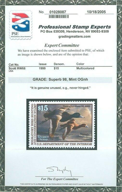 US SCOTT #RW66 DUCK, MINT-SUPERB-OG-NH, PSE GRADED 98 Cert, SMQ $150, garyposner