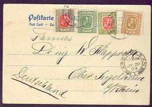 ICELAND 1909, 4-color franking tied HAPAG postcard to GERMANY, ARDROSSAN cancel