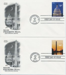 #3472 $3.50 & #3473 $12.25 Priority & Express Mail set of 2 2001 Artcraft cachet