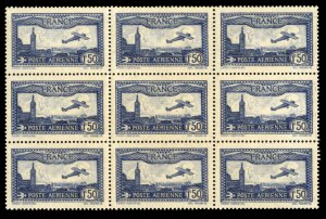 France, Air Post #C6 Cat$315, 1941 1.50fr dark blue, block of nine, never hinged