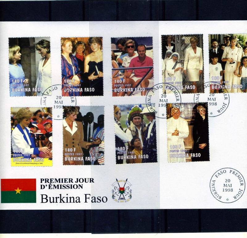 Burkina Faso 1998 Pope John Paul II-Princess Diana Set (9) Perforated in FDC