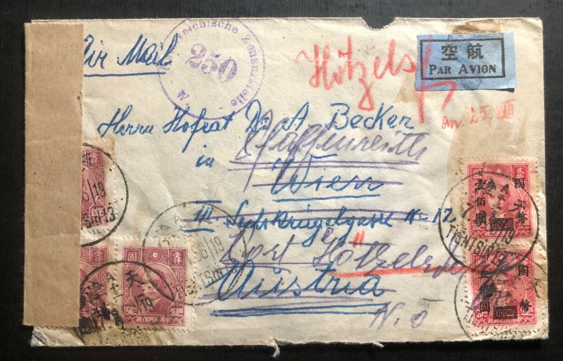 1938 Tientsin China Inflation Stamps Censored Airmail Cover To Vienna Austria