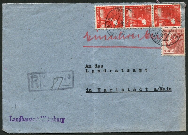 Germany Allied Occupation 1947 Würzburg Registered Cover to Karlstadt am Main