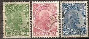 LIECHTENSTEIN    1-3 USED 1912 PRINCE JOHANN II CV $66.00