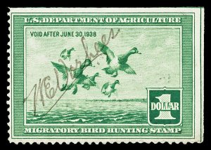 Scott RW4 1937 $1.00 Duck Stamp Used Signed F-VF Corner Position Cat $65