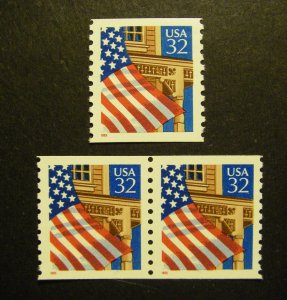 Scott 2913, 32c Flag over Porch, Pair & Single, Shiny Gum, MNH Coil Beauties