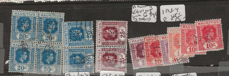 MAURITIUS    KGVI PERFIN'S BLOCK OF 4, 2X PAIRS, 6  SINGLES   VFU      P...