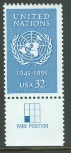 USA # 2974 U.N. Anniversary w/Pane Position tab (1) Mint NH