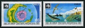 Chile 974-975, MNH. Mi 1466-1467. Antarctic Treaty-30, 1991. Map, Birds, Whale.
