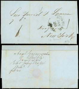 1855 PUEBLA MEXICO Stampless FLS to New York, DAVID T LANMAN -DRUGGIST Enclosure