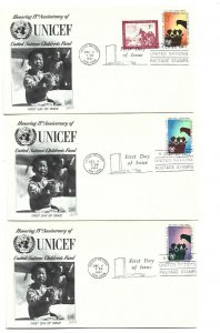 UN NY #97-99  3c,4c & 13c United Nations Children's Fund UNICEF 3 Fleetwood FDCs