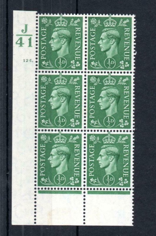 GEORGE VI 1/2d PALE GREEN MOUNTED MINT CONTROL J41 CYLINDER 125. BLOCK Cat £25