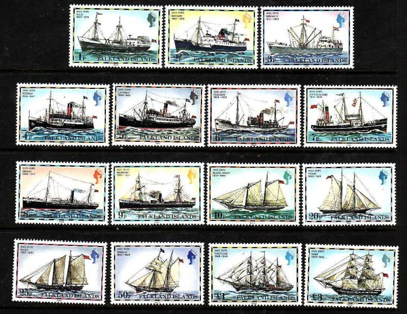 Falkland Is.-Sc#260a-74a- id9-unused NH QEII set-Mail Ships-inscribed 1982-