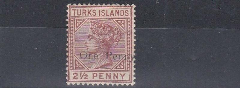 TURKS & CAICOS  1889  S G 61  1D ON 2 1/2D  RED BROWN  MH 