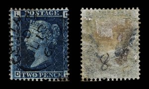 4291: GB SG45 2d Blue. Plate 8. DL. CHATHAM Town Postmark. 1858. Sc#29 Mi17...