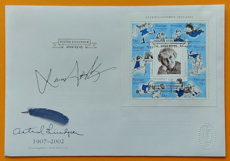 Sweden 2002 Scott 2431 a.-g Astrid Lindgren Children's book FDC signed Sjööblom