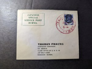 Burma Japanese Special Service Post Cover to Jap Mily Camp Rangoon 2
