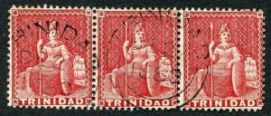 Trinidad SG75b (1d) Rose-carmine Perf 14 Superb Strip of Three