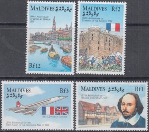 MALDIVE ISLANDS Sc # 1374-6,9 PART MNH SET of 4 as ISSUED. VARIOUS ANNIVERSARIES