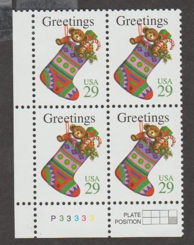 U.S. Scott #2872 Christmas Stockings Stamps - Mint NH Plate Block- LR Plate