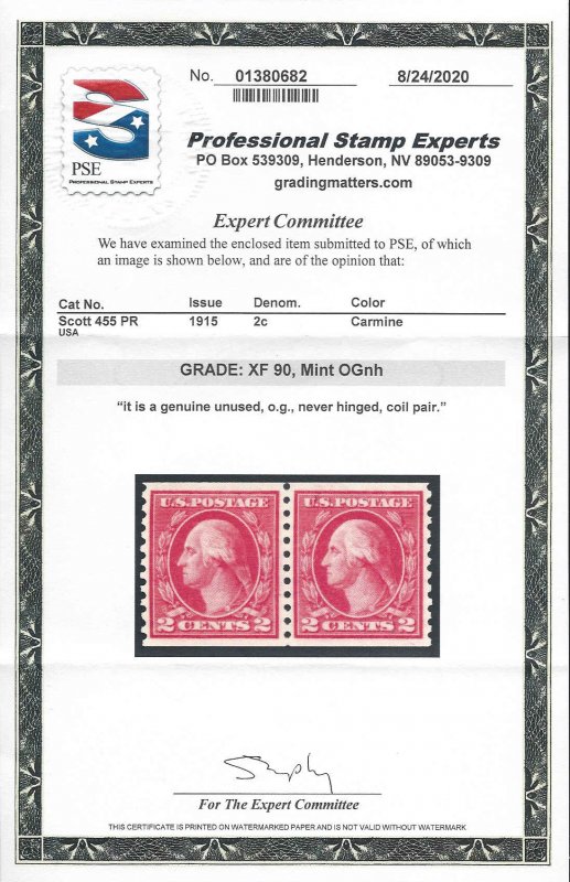 455 Mint,OG,NH... Pair... PSE Graded XF 90... SMQ $90.00