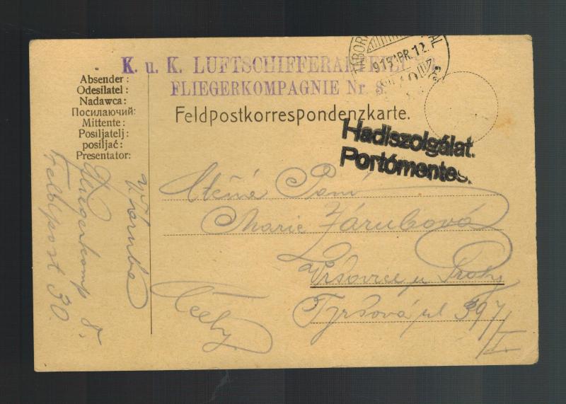 1915 Austria Feldpost KuK Postcard Cover Luftahrtruppen 8 Air Force Luftwaffe