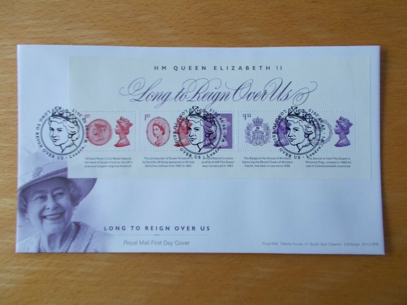 2015 Long to Reign Over Us Miniature Sheet on First Day Cover + London W1 S/H/S