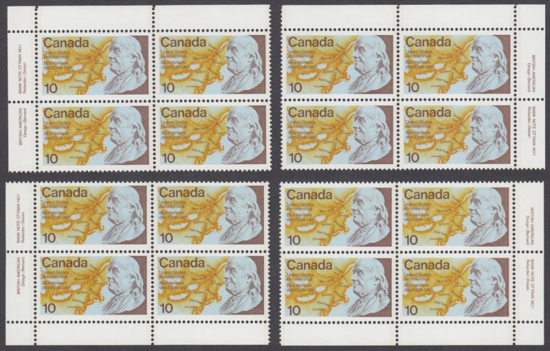 Canada - #691 US Bicentennial Matched Set Of Plate Blocks - MNH