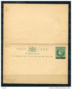 Gibraltar 1889 Postal Stationary Card with Reply Card Overprint 5 centimos Unu