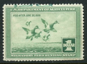 US Scott RW4 Scaup Duck  Stamp OG LH Trace of Ink on top of stamp