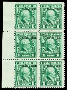 Scott RD209 1946 1c Dated Green Stock Transfer Revenue Mint Block of 6 Fine NH