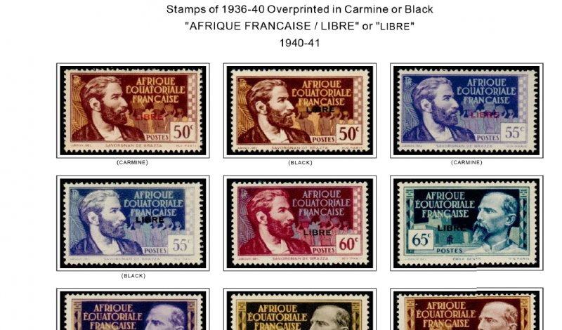 COLOR PRINTED FRENCH EQT. AFRICA 1936-1958 STAMP ALBUM PAGES (30 illustr. pages)