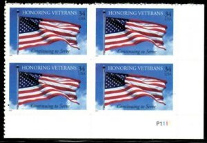 2001 Honoring Veterans Plate Block of 4 34c Postage Stamps, Sc# 3508, MNH, OG