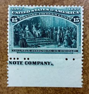 US  #238 15c Columbian 1893 VF OG NH Fresh bright blue-green inscription tab