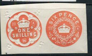 BRITAIN; 1906 early classic Embossed REVENUE Pair on PIECE fine used item