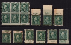 1917 Sc 498 MNH lot of 10 plate number singles & block, Hebert CV $60