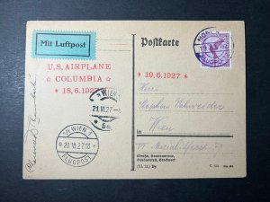 1927 Germany Airmail Postcard Munich to Vienna US Airplane Columbia Pilot Signed